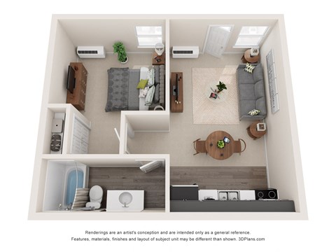 this is a 3d floor plan of a 1 bedroom apartment